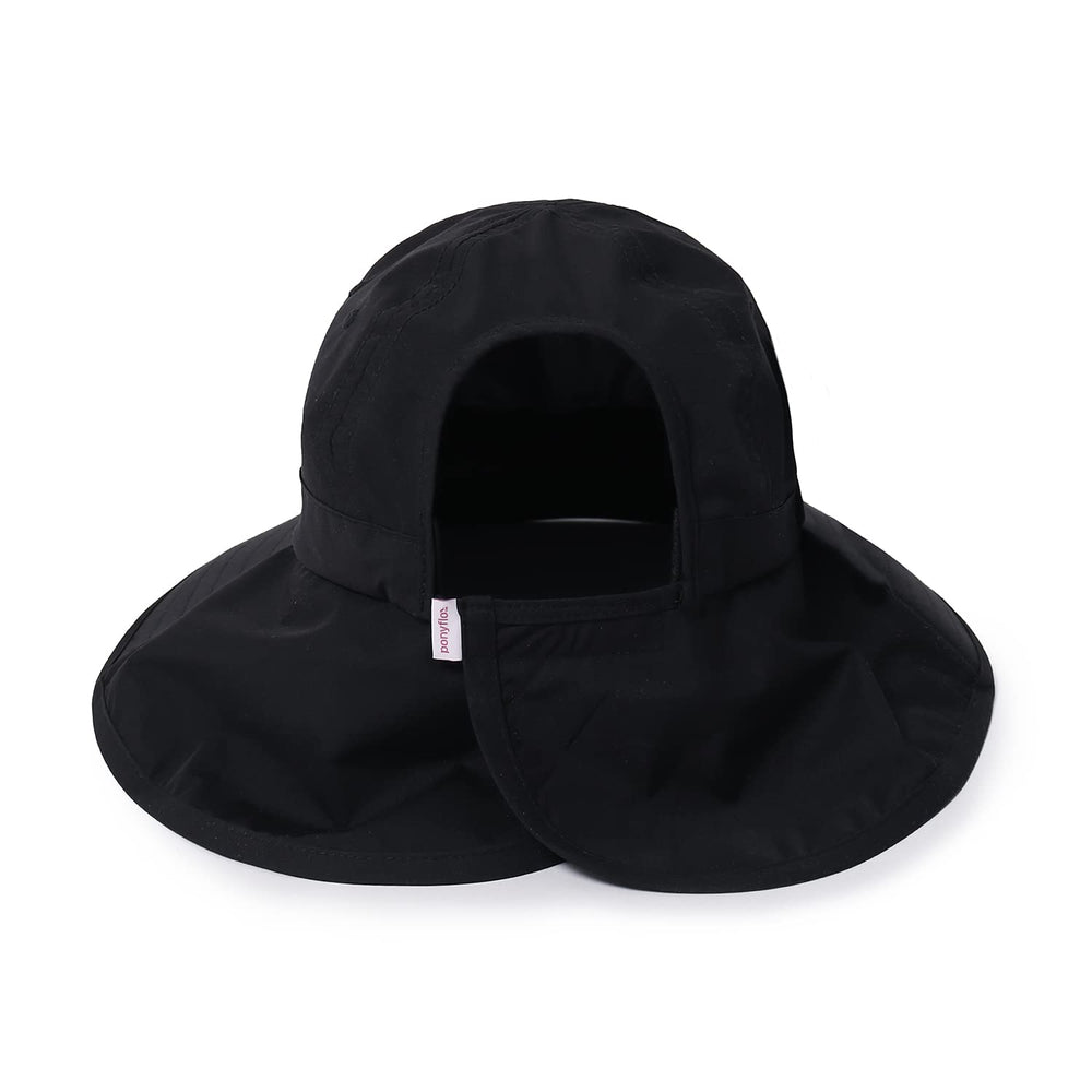 Ponyflo Sun Hat Black back view demonstrates full coverage for outdoor days.