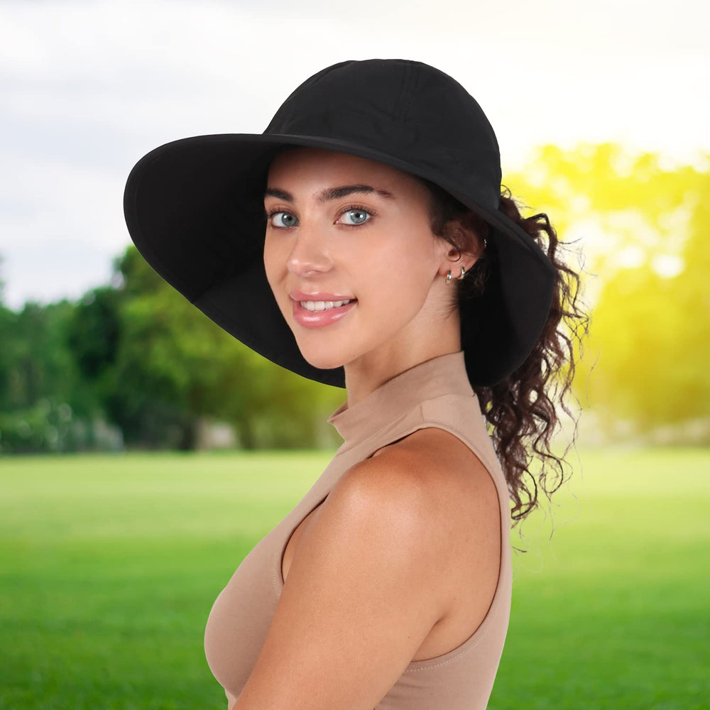 Ponyflo Sun Hat Black in garden-use scene protects while planting flowers.