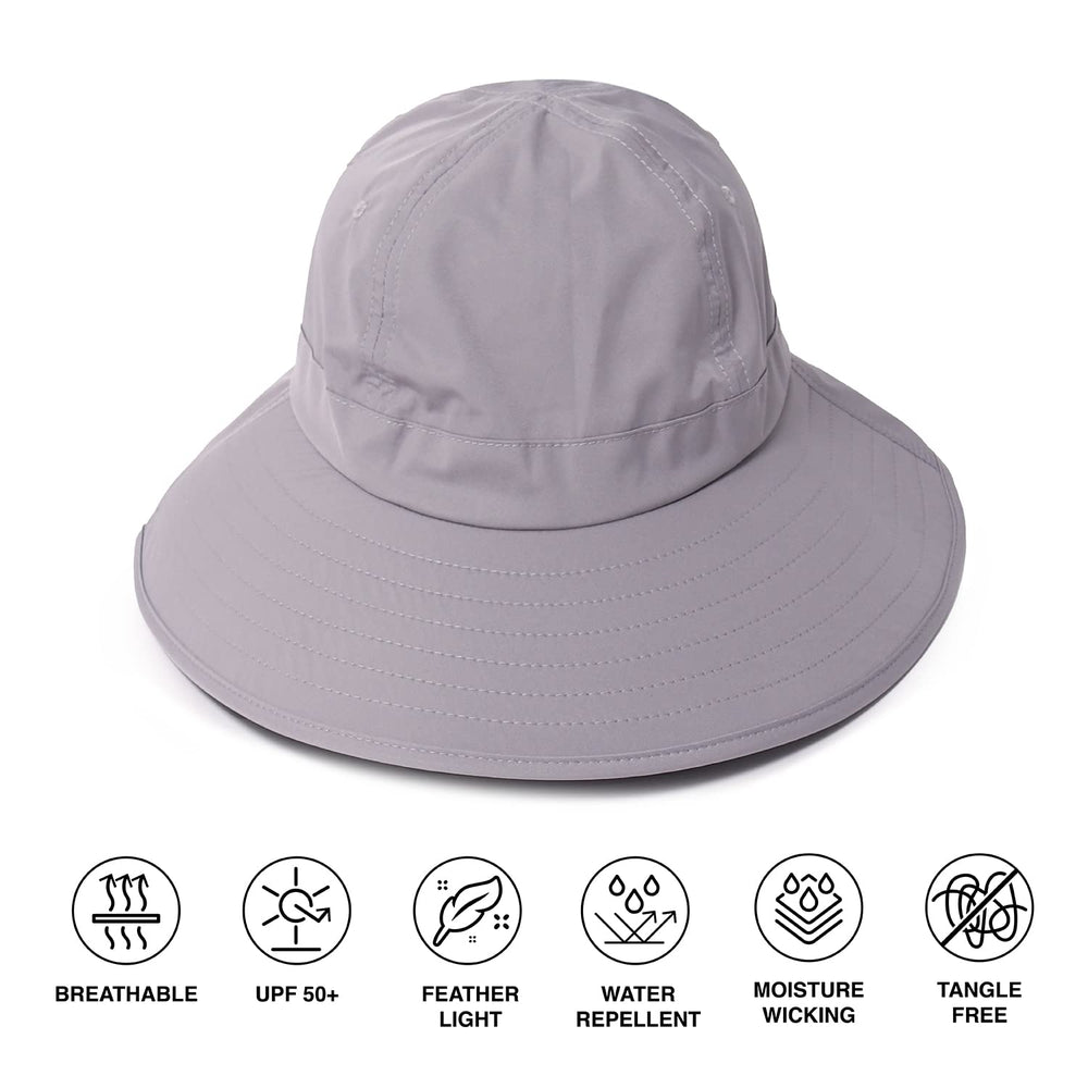 Ponyflo Sun Hat Grey on-trail image highlights travel-ready design for outings.