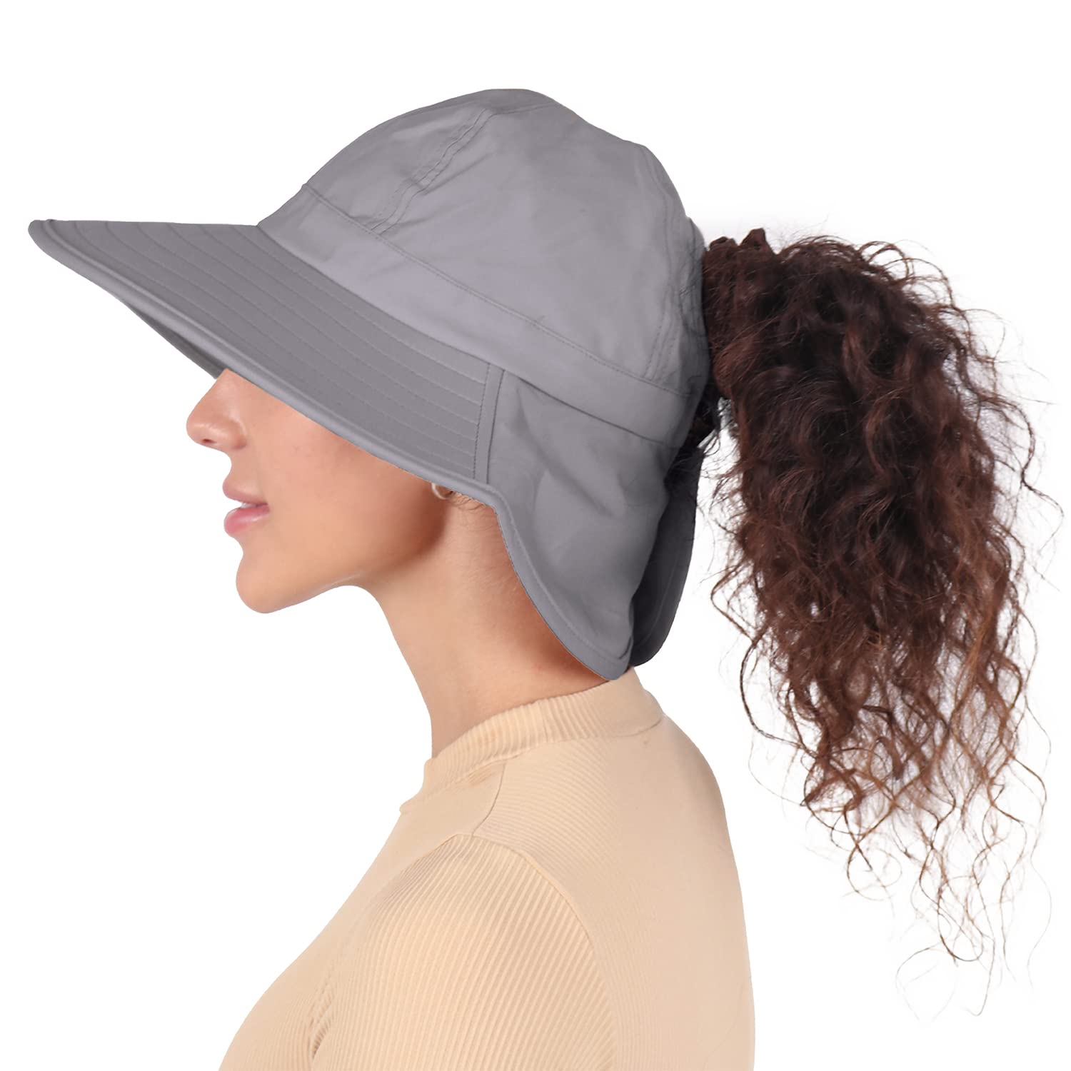 Ponyflo Sun Hat Grey side view keeps hair in place on windy garden days.