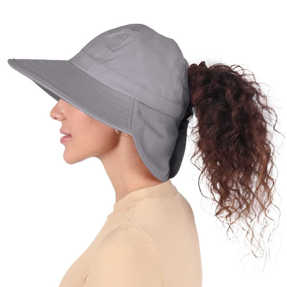 Ponyflo Sun Hat Grey side view keeps hair in place on windy garden days.
