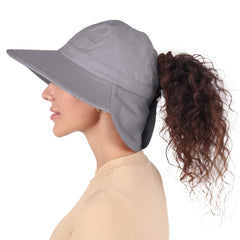 Ponyflo Sun Hat Grey side view keeps hair in place on windy garden days.
