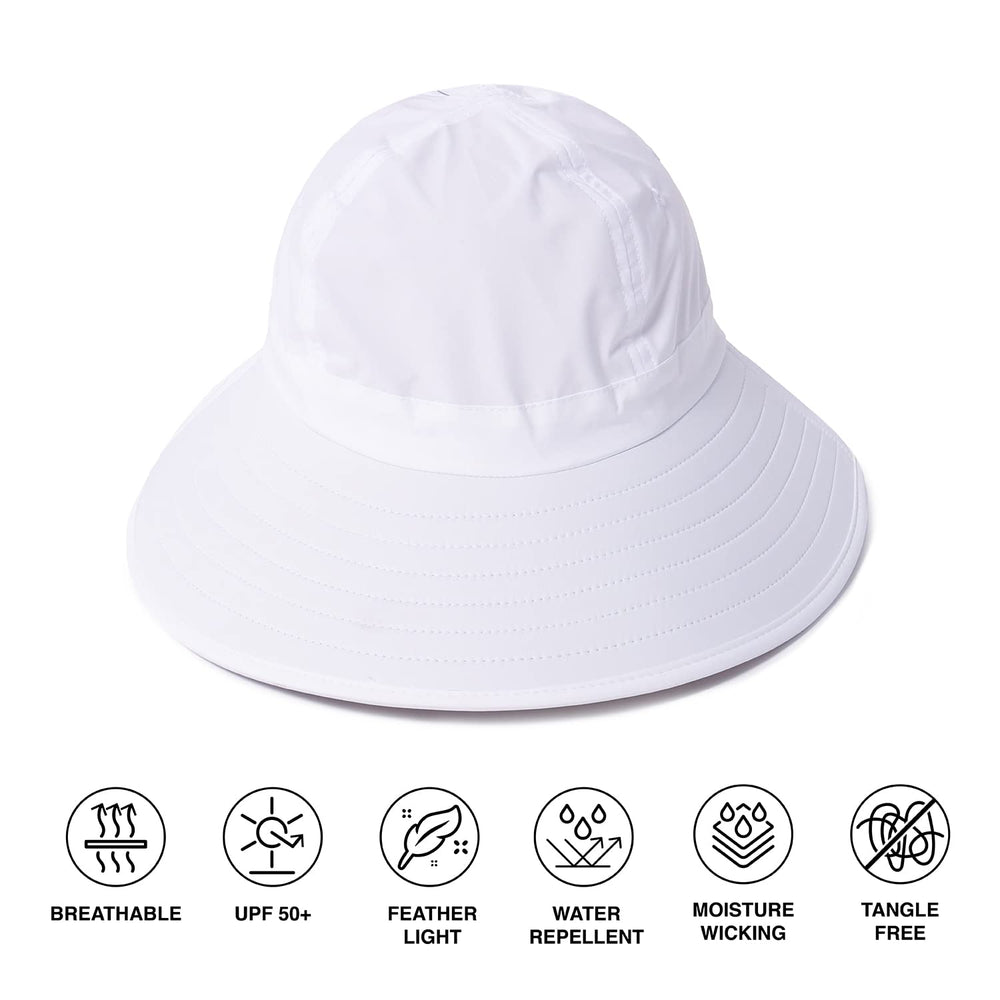 Ponyflo Sun Hat White worn on trail, ideal for hiking and gardening.