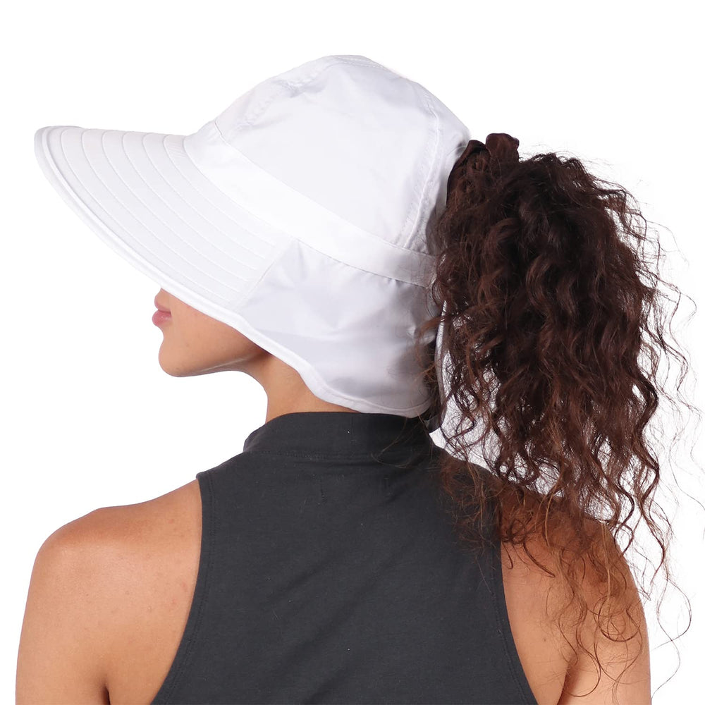 Ponyflo Sun Hat White, side profile, keeps hair up on windy trails.
