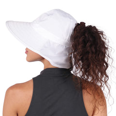 Ponyflo Sun Hat White, side profile, keeps hair up on windy trails.