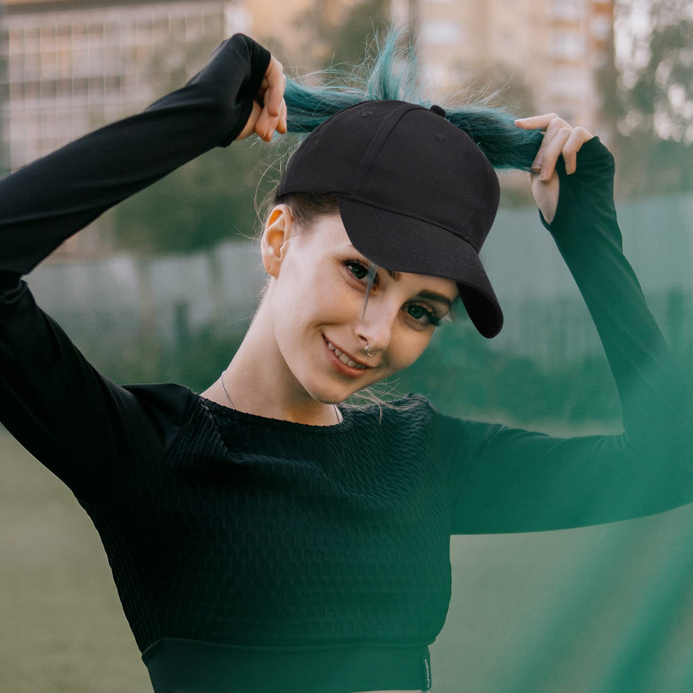 Folded ponytail baseball cap for compact storage
