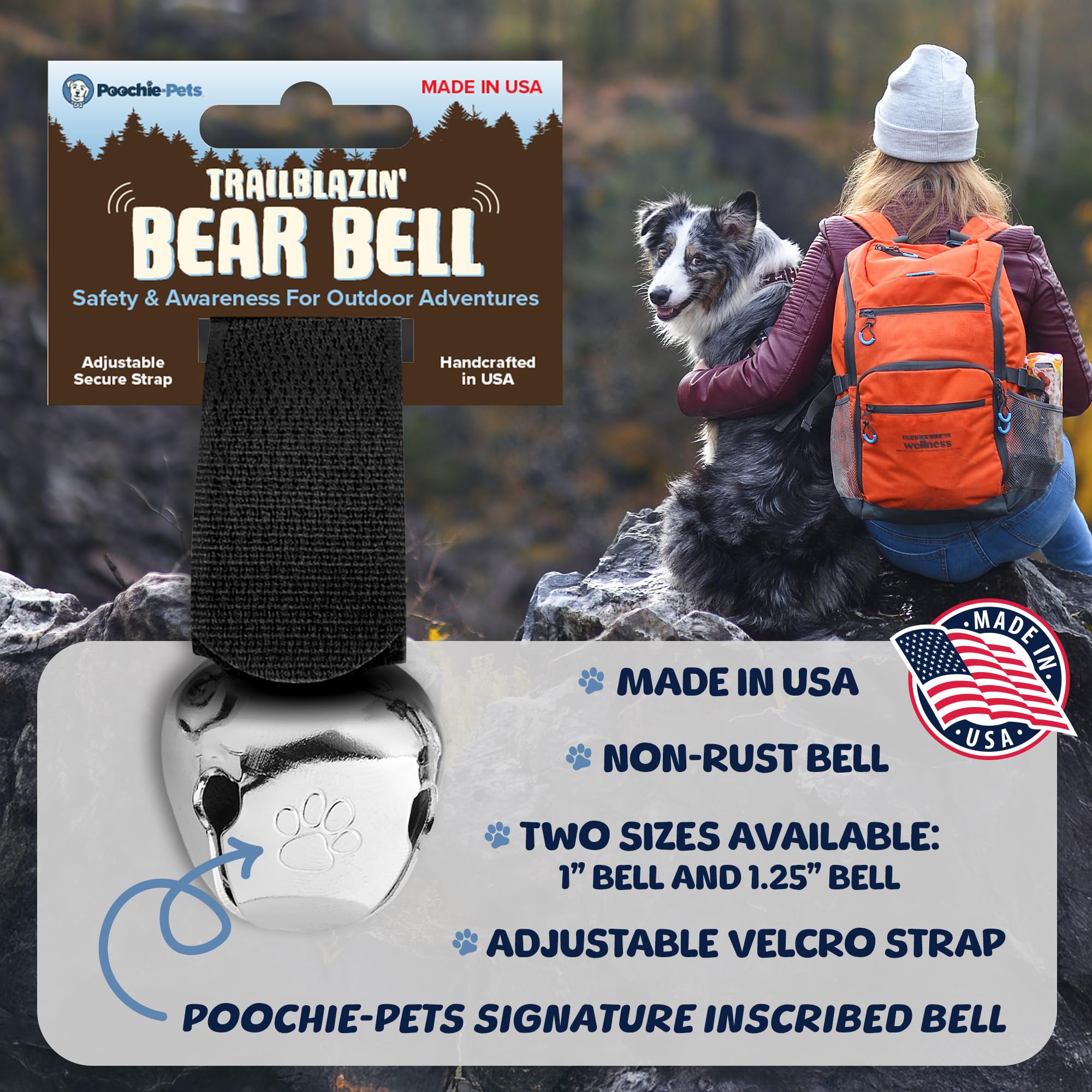TrailBlazin’ Bear Bell worn on dog collar provides clearer trail signals.