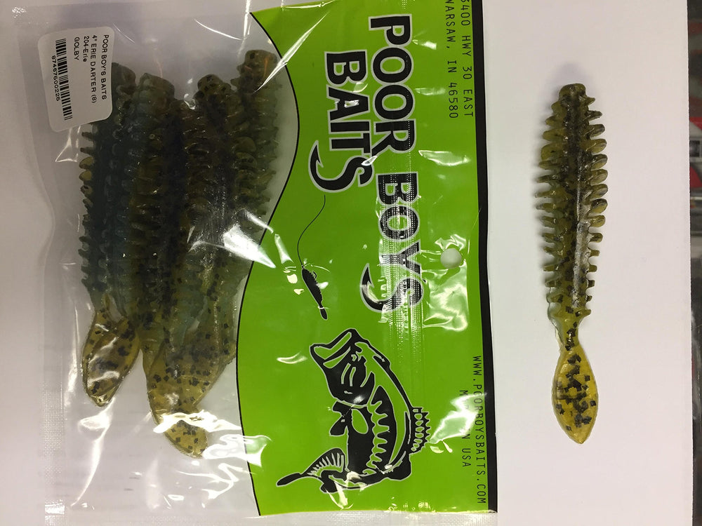 POOR BOY'S BAITS Golby Erie Darter Green close-up showing durable soft bait design.