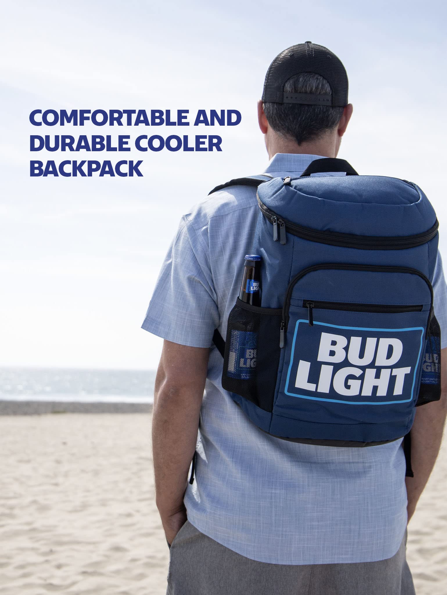 POPCULT beer cooler backpack in use at beach demonstrates easy transport