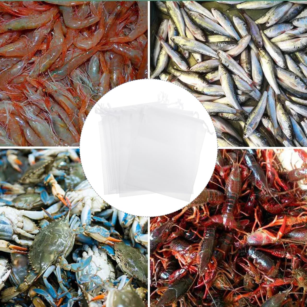 Bait bags with secure drawstring closure to prevent spillage
