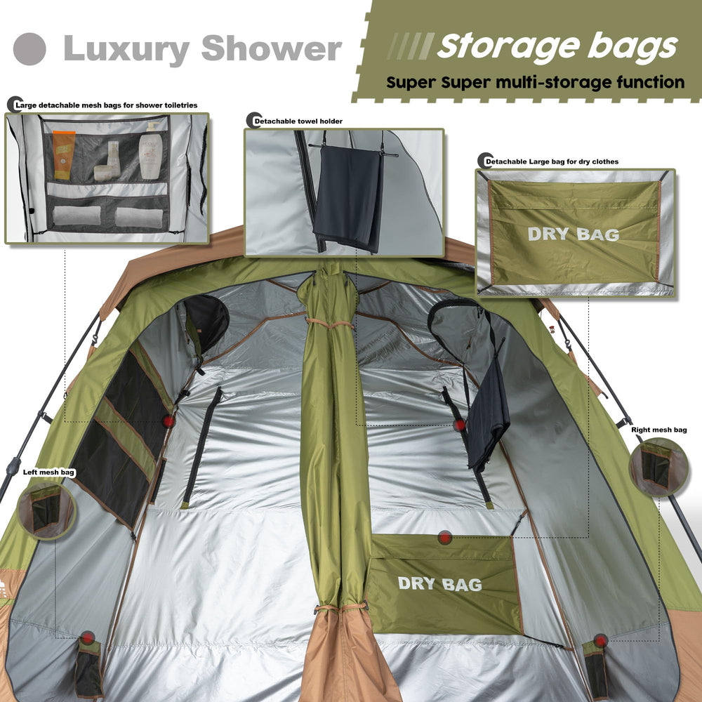 Porayhut shower tent dry-wet zones image demonstrates organized space for changing.