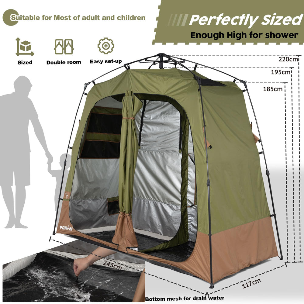 Porayhut portable camping shower tent shows PU2000mm waterproof rating for reliable outdoor use.