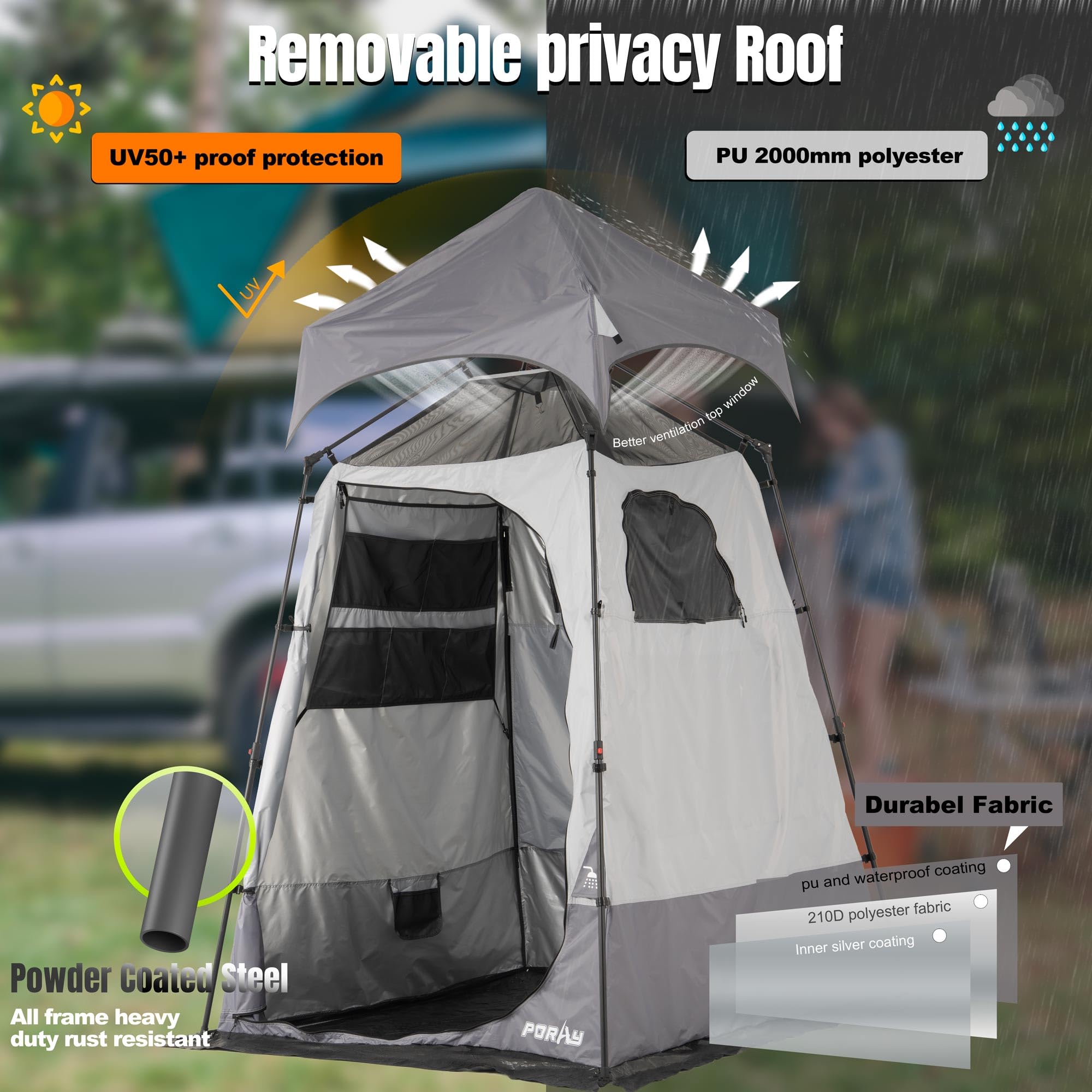 Porayhut sunscreen roof provides shade and privacy during use.