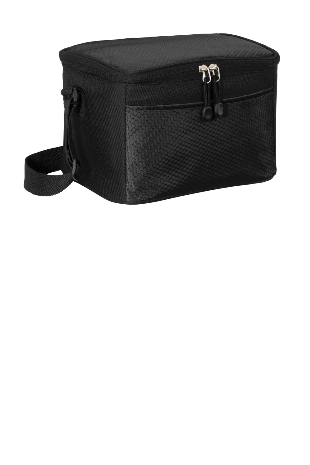 Port Authority 6-Can Cube Cooler side view; adjustable strap for easy carrying