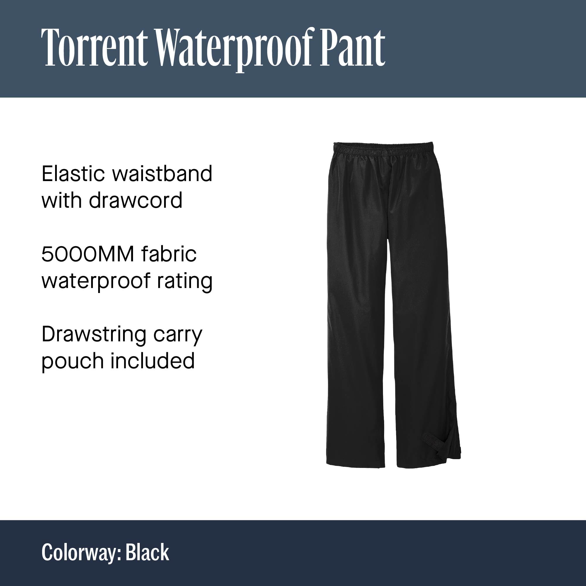 Port Authority Torrent Waterproof Pant black, lower leg gusset, fast on/off during sudden showers.