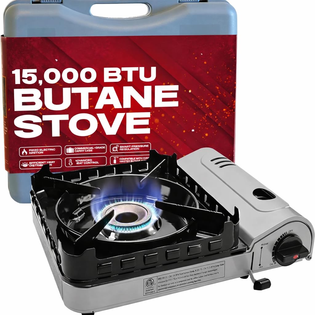 Portable Butane Camp Stove 15000 BTU front view with Piezo ignition for quick outdoor cooking