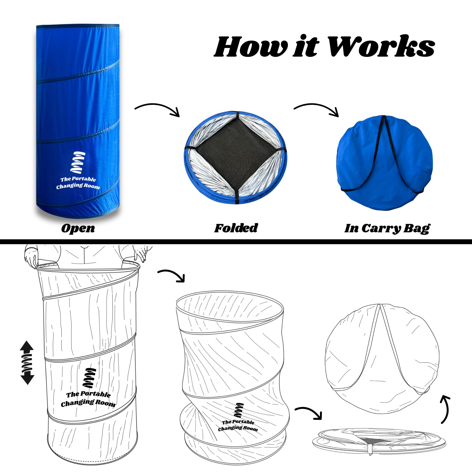 The Portable Changing Room folds flat into its carry bag for easy storage