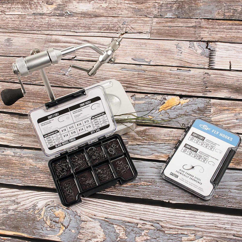 Compact portable box containing 240 fly tying hooks