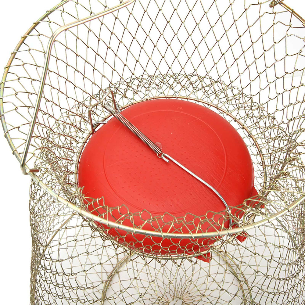 Outdoor fishing scene with portable fish basket in water