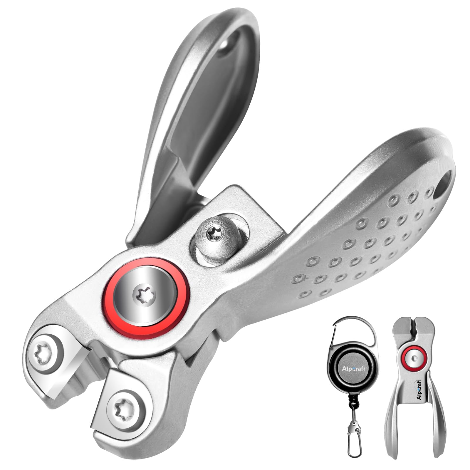 Close-up of portable fishing line cutter in stainless steel