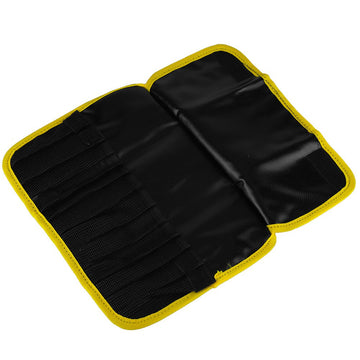 Yellow bag with hook-and-loop closure in use