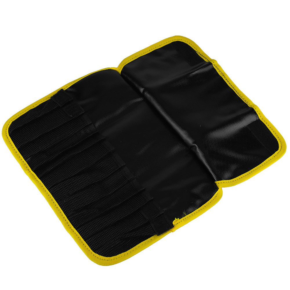 Yellow bag with hook-and-loop closure in use