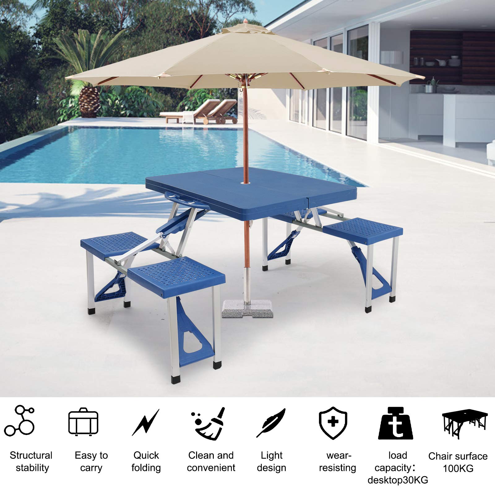Portable Folding Picnic Table lightweight build, blue, quick setup for gatherings.