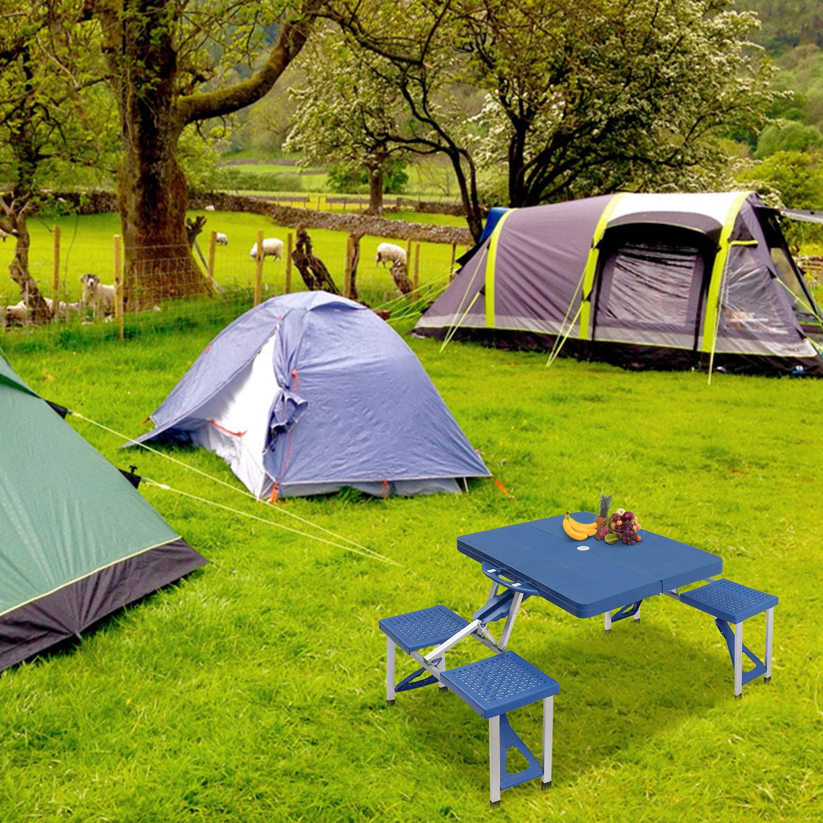 Portable Folding Picnic Table beach-ready blue, versatile for seaside picnics.