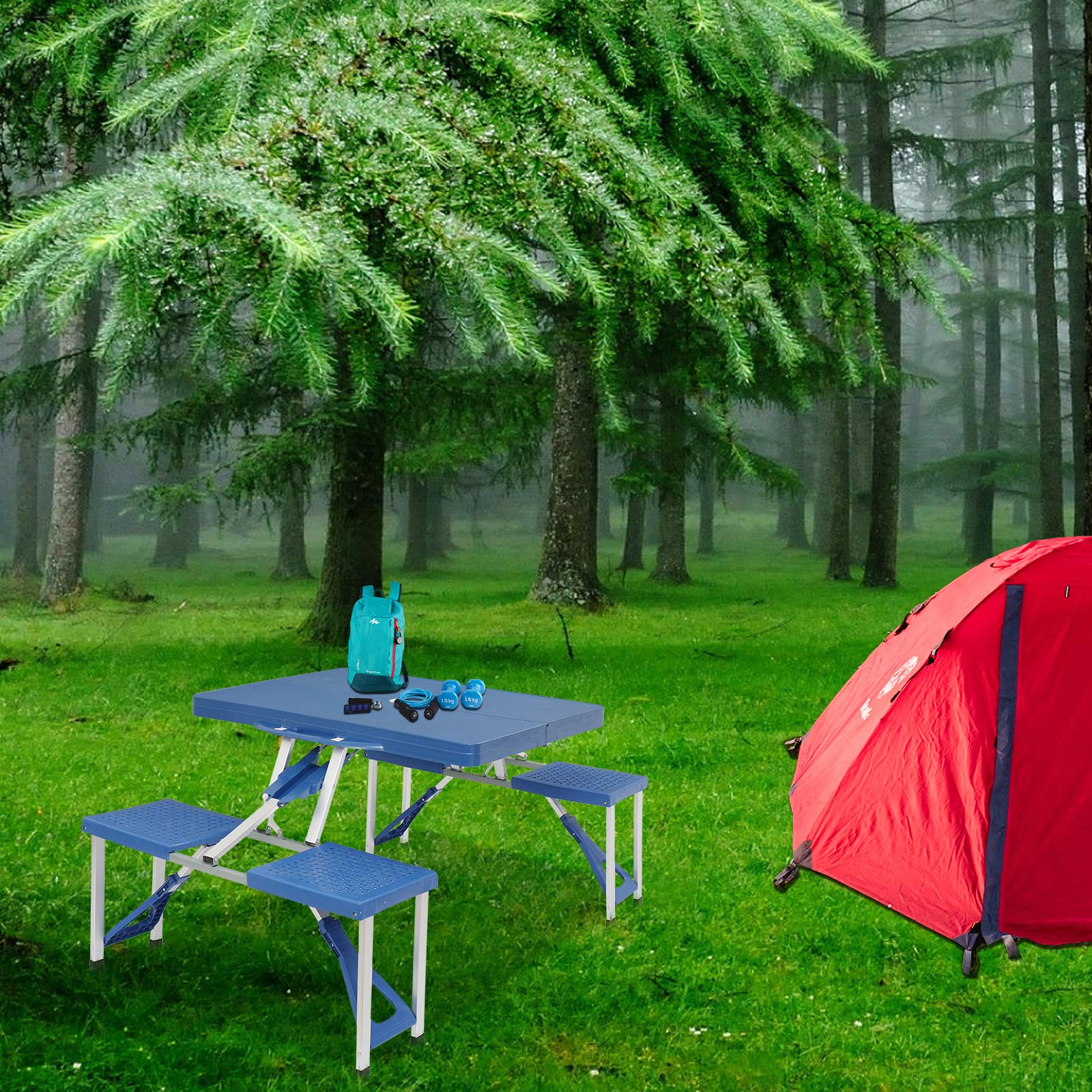 Portable Folding Picnic Table kid-friendly design, blue, great for family crafts.