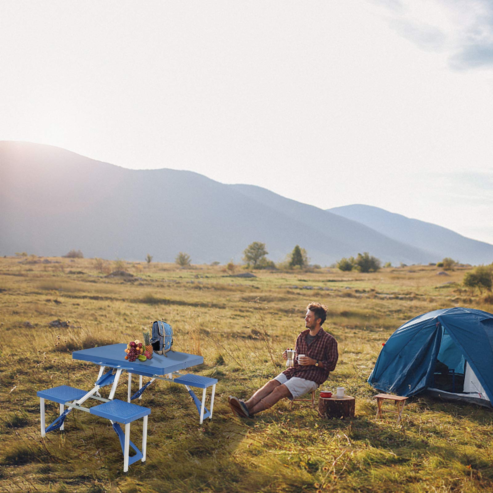 Portable Folding Picnic Table stool integrated, blue, convenient seating outdoors.