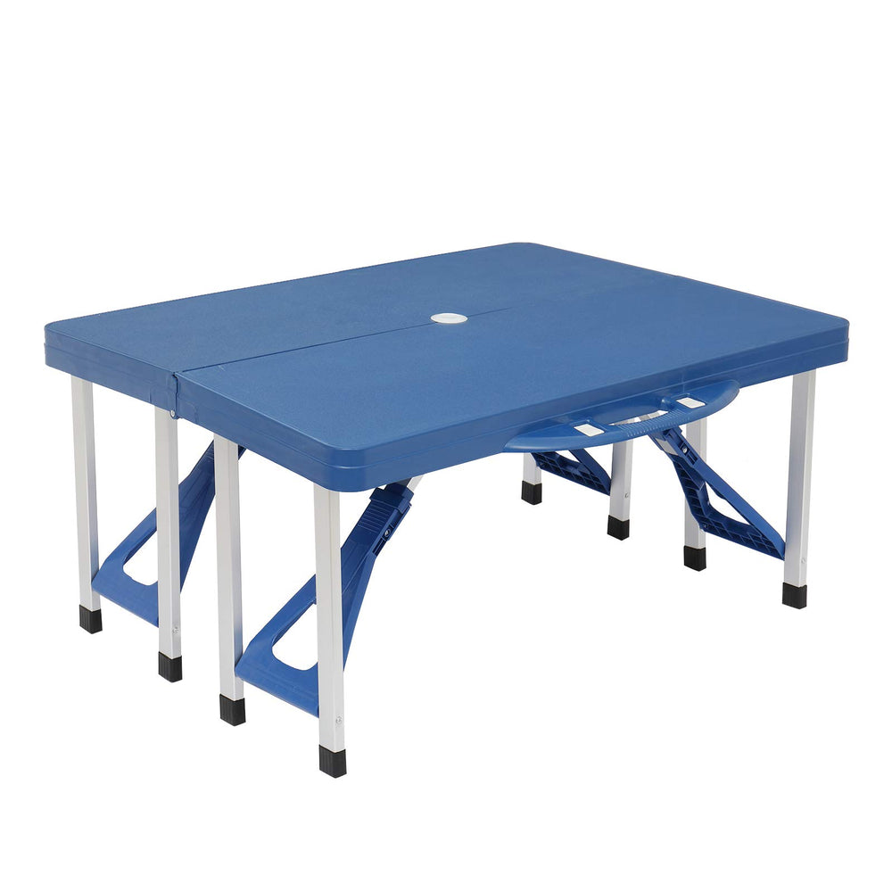 Portable Folding Picnic Table umbrella hole blue shade on sunny days.