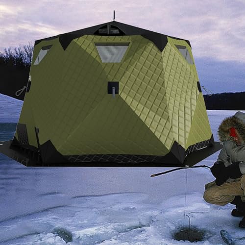 Portable hexagon ice shelter with stove jack for warmth on icy trips.