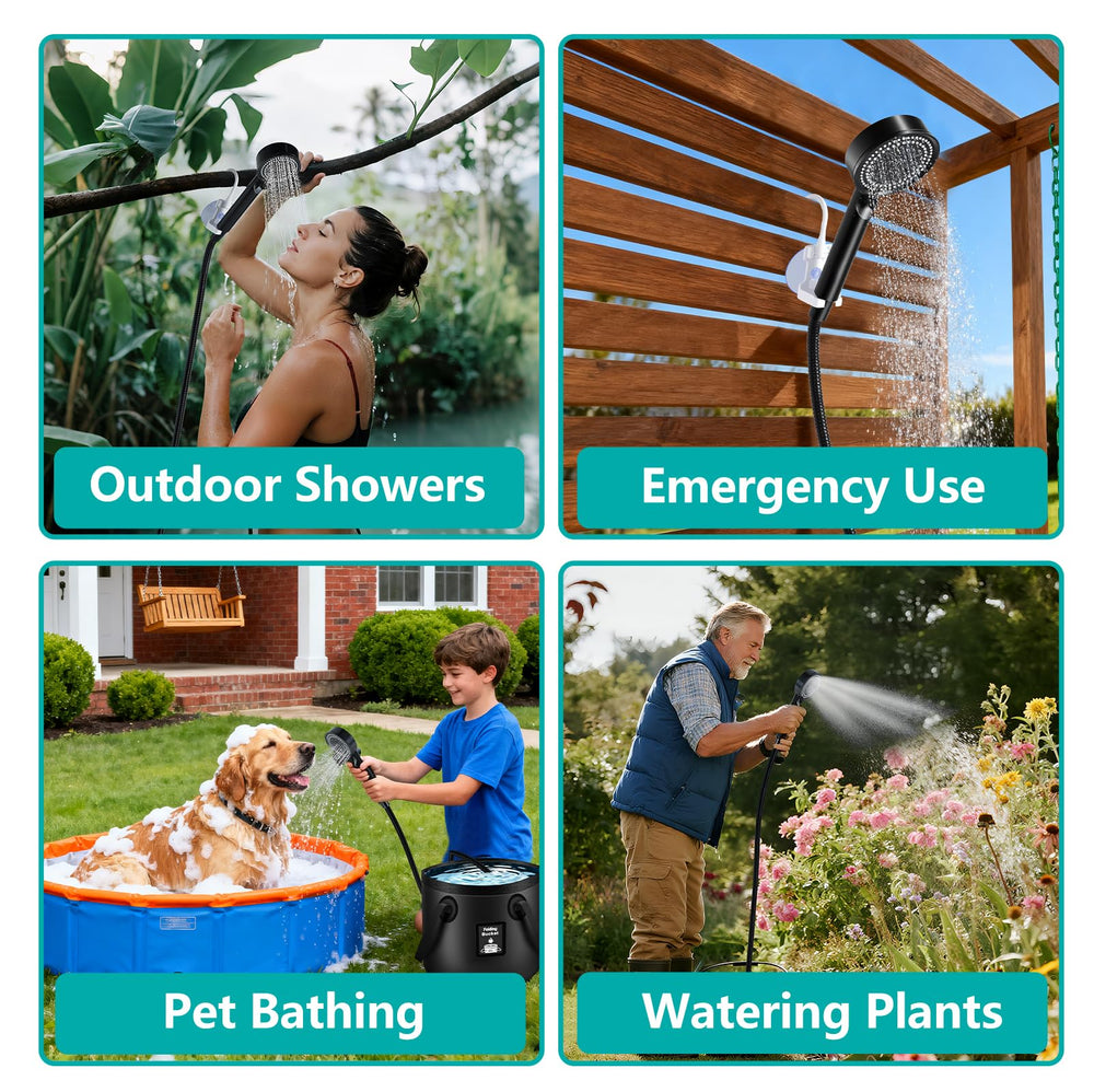Portable Hot Shower assembly kit with guy lines and stakes ensures stable setup.