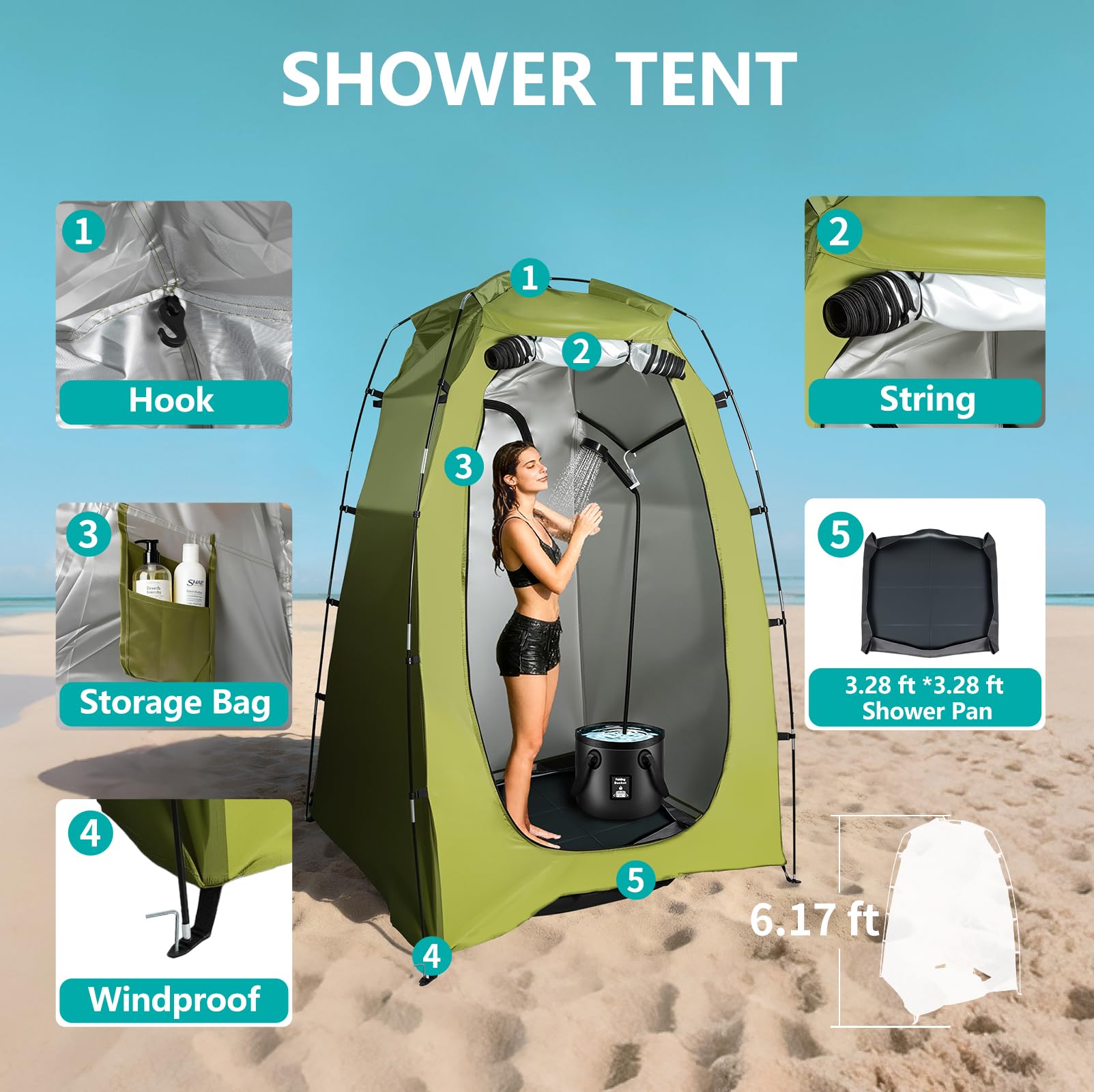 Portable Hot Shower collapsible bucket 5.3-gallon stores easily and travels light.