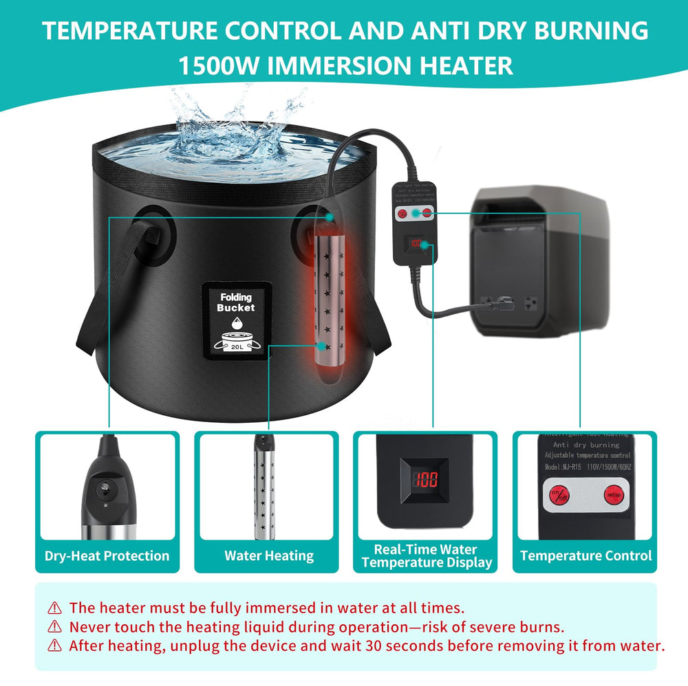 Portable Hot Shower immersion heater 1500W delivers quick warm water for camping.