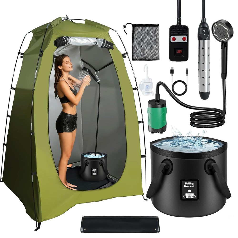 Portable Hot Shower privacy tent demonstrates outdoor privacy for camping showers.