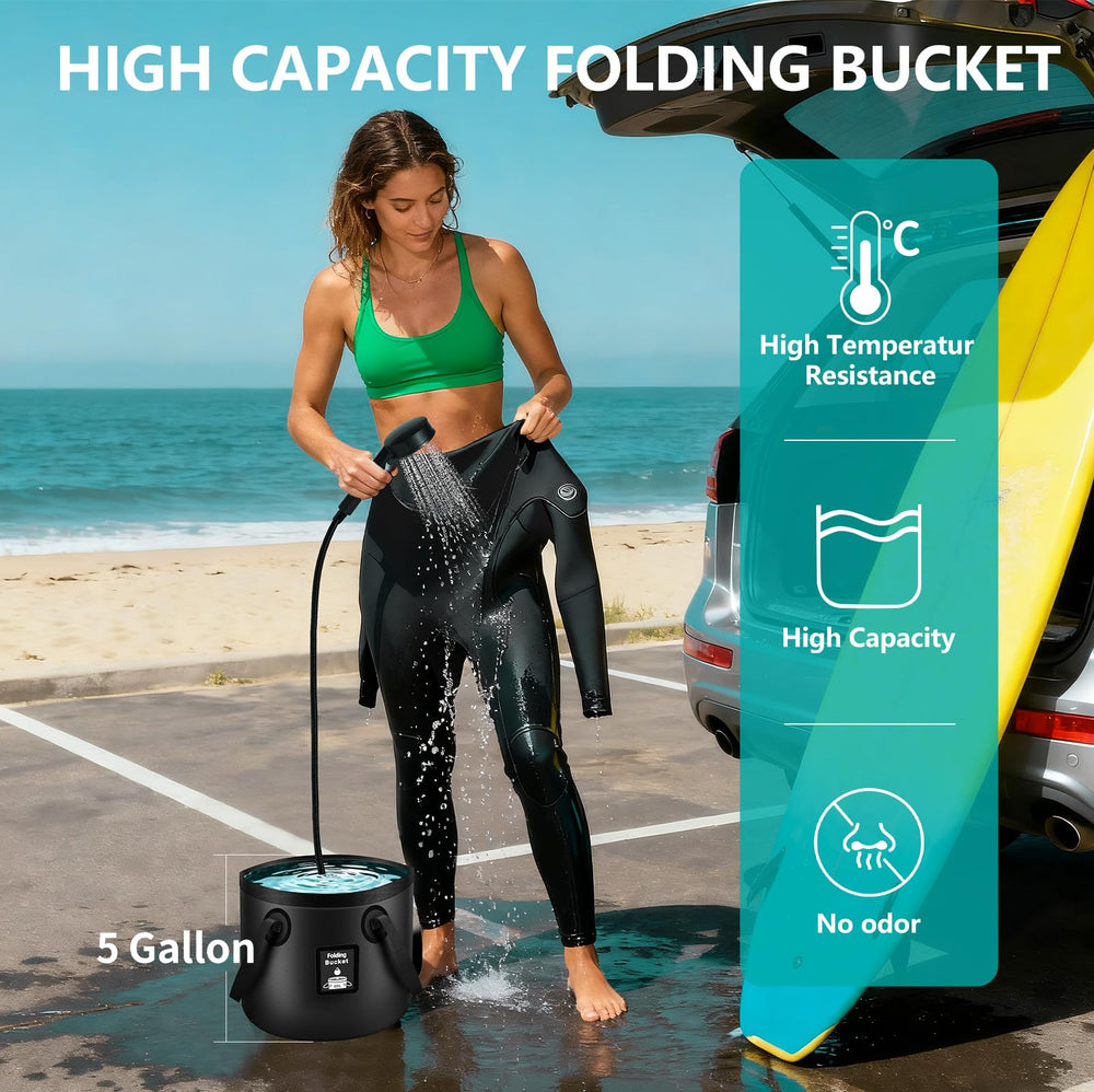 Portable Hot Shower showerhead storage bag keeps components organized for trips.