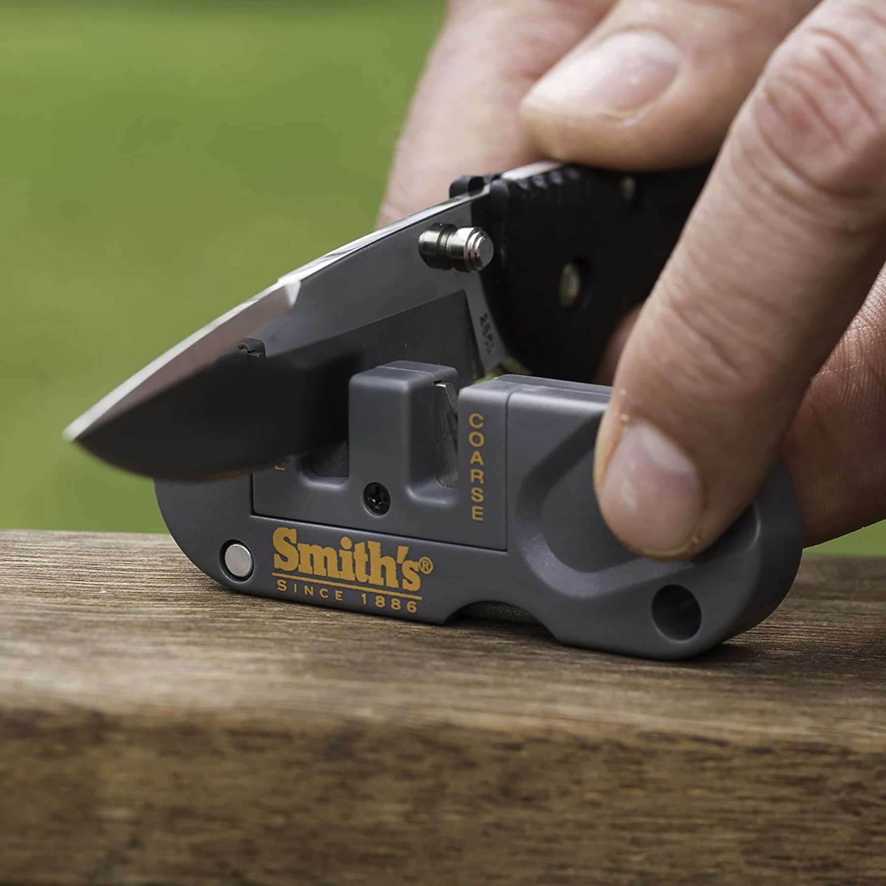 Compact portable sharpener 3.5 in by 1 in with 1 oz weight and lanyard hole