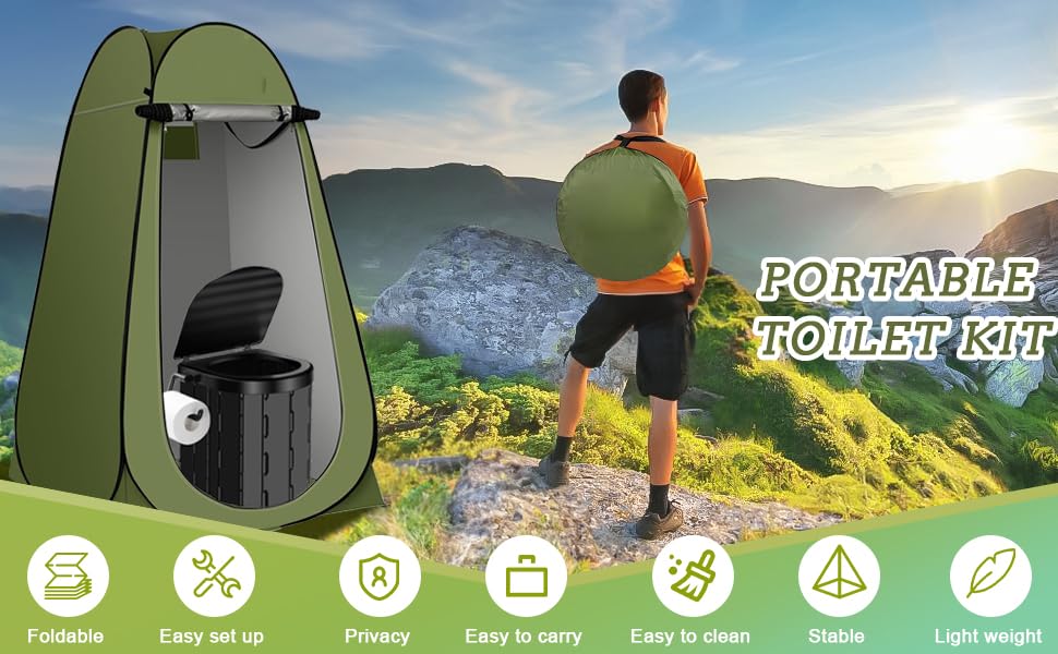 Portable Toilet Kit changing room interior with clothesline and storage pouch.