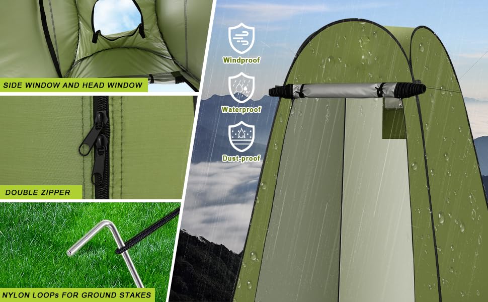 Portable Toilet Kit ropes and ground stakes ensure wind stability.