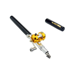 Mini gold reel ST5RL attached to pocket-sized rod