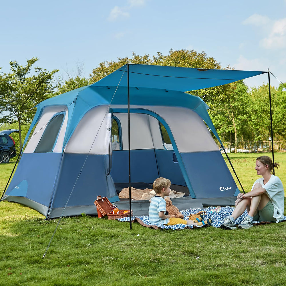 Portal 6-person cabin tent front porch offers shaded outdoor living space.
