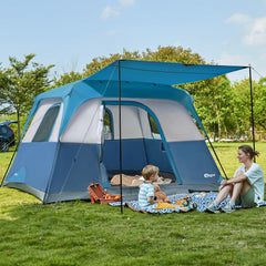 Portal 6-person cabin tent front porch offers shaded outdoor living space.