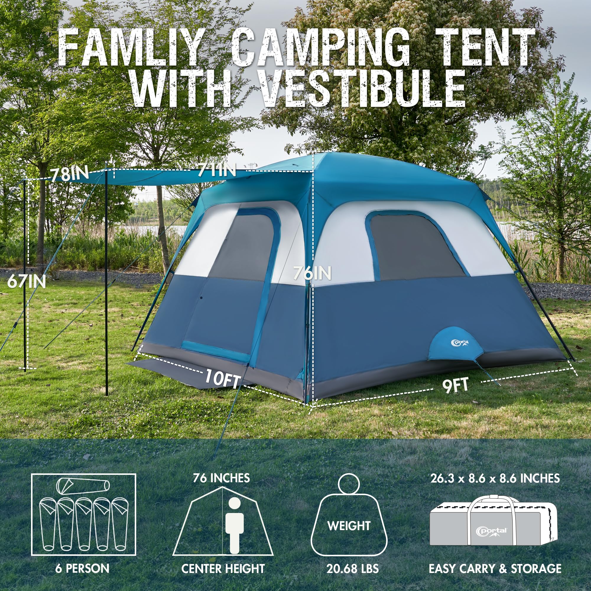 Portal 6-person cabin tent interior layout shows roomy sleeping area.