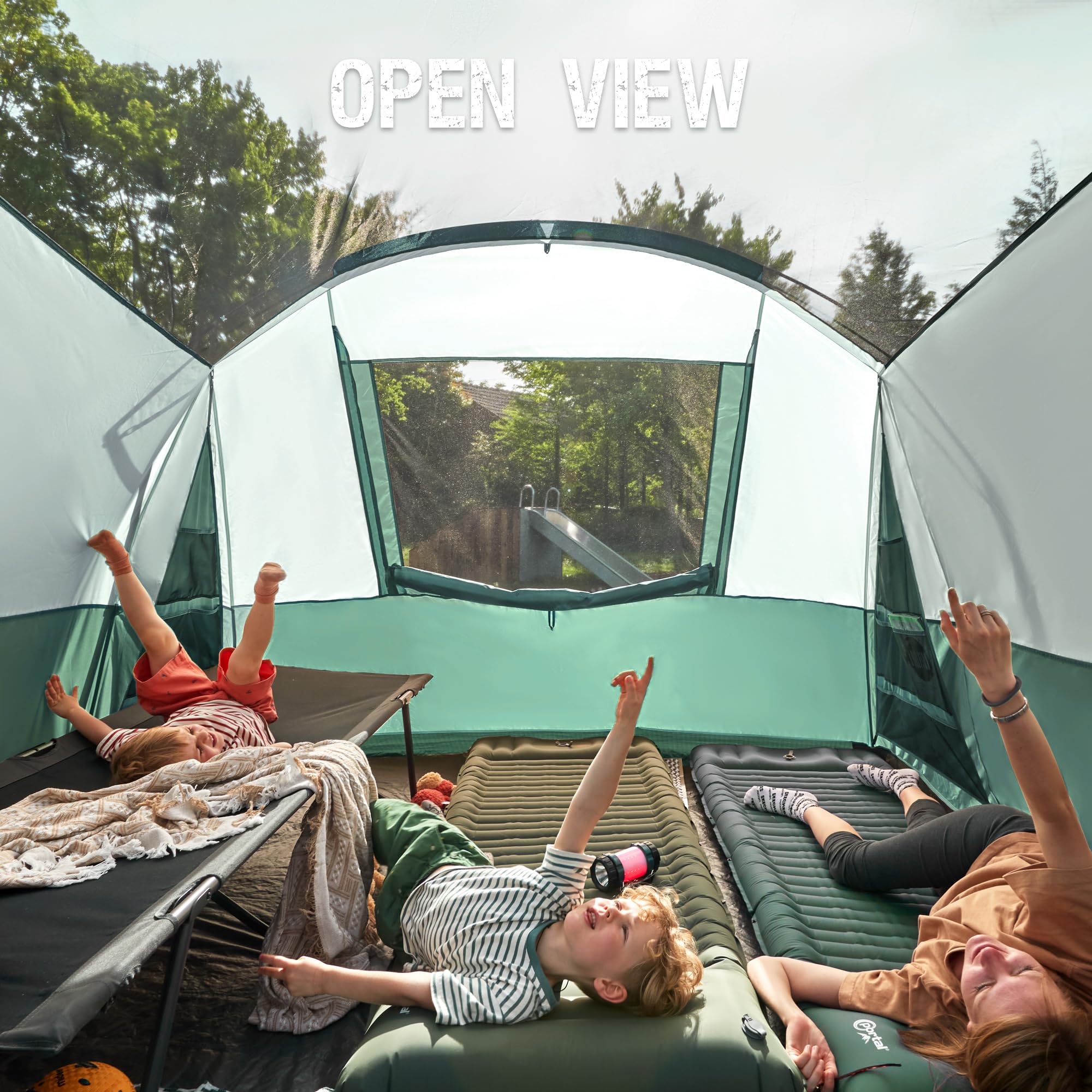 Portal 8-person tent easy-setup with color-coded poles for quick assembly.