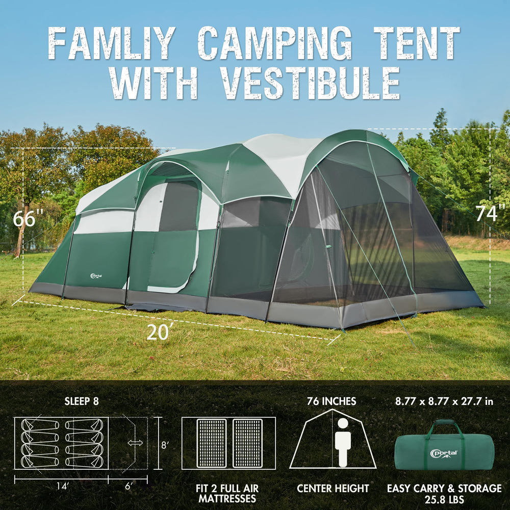 Portal 8-person tent screen room provides bug-free relaxation space for family and pets.