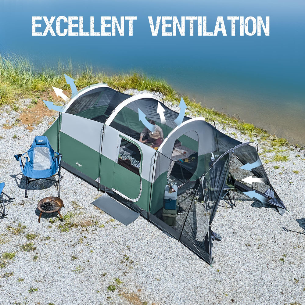 Portal 8-person tent ventilation with mesh ceiling and windows for airy airflow.