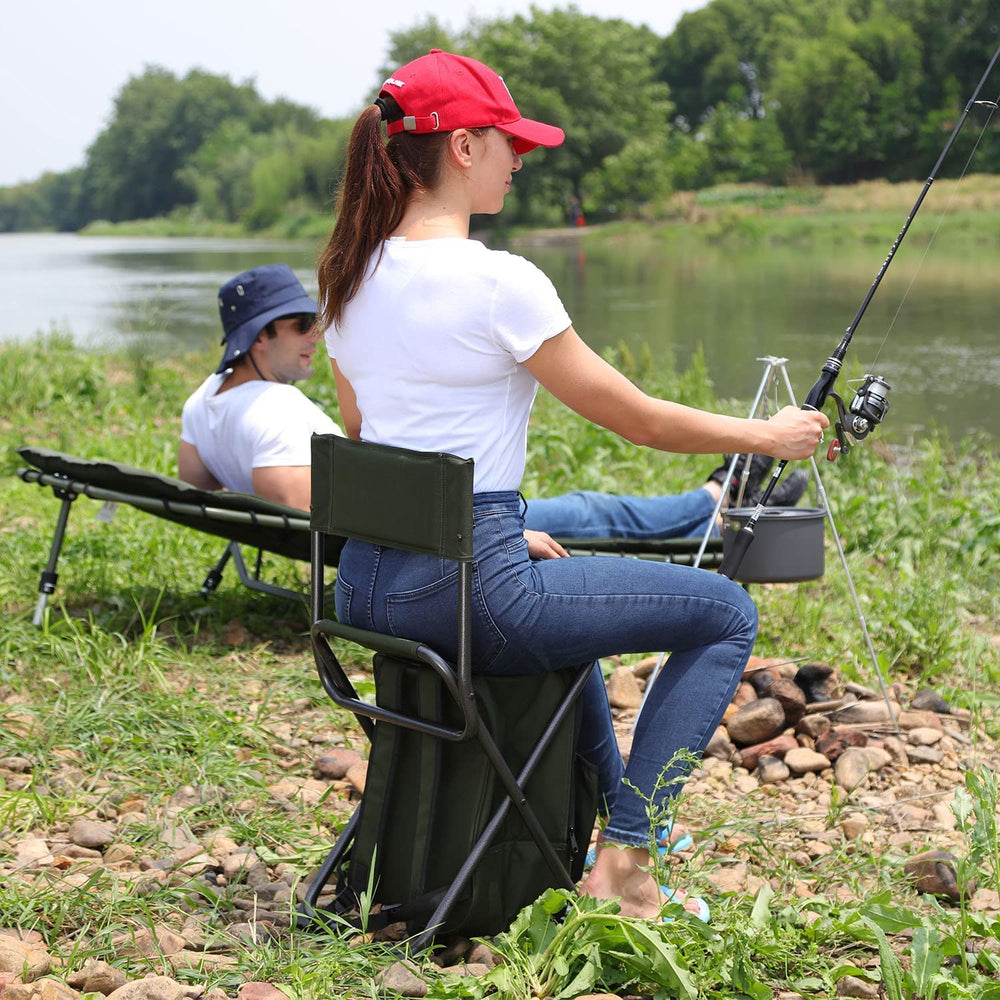 Portal Backpack Cooler Chair in use by lake, providing seating and chilled drinks on-demand.