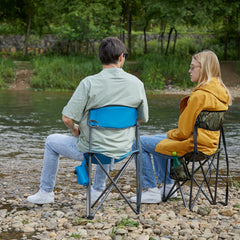 Portal camo tripod stool showing rugged polyester fabric for durable camping use.