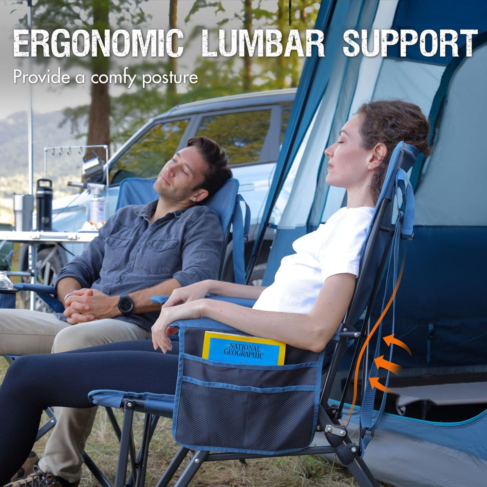 Portal camping chair in use outdoors for camping, concerts, or sports events